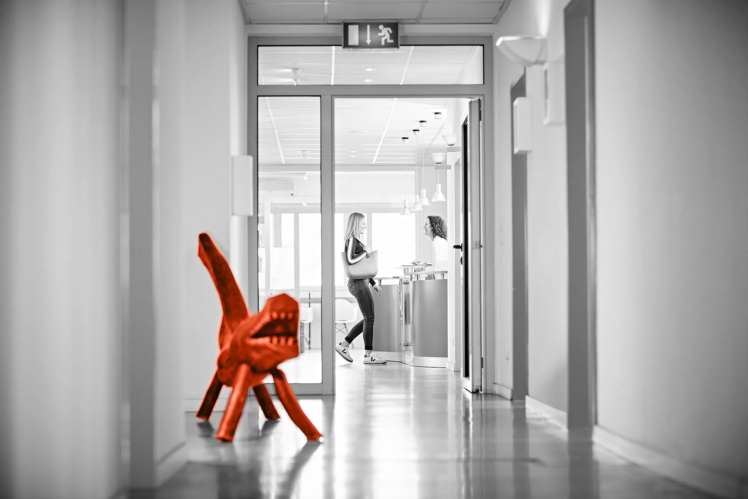 Junge Frau kommt zum Termine bei den Kieferorthopäden Ritter&Ritter Junge kommt zum Empfang um sich anzumelden für Ihren Termin bei den Kieferorthopäden Ritter&Ritter