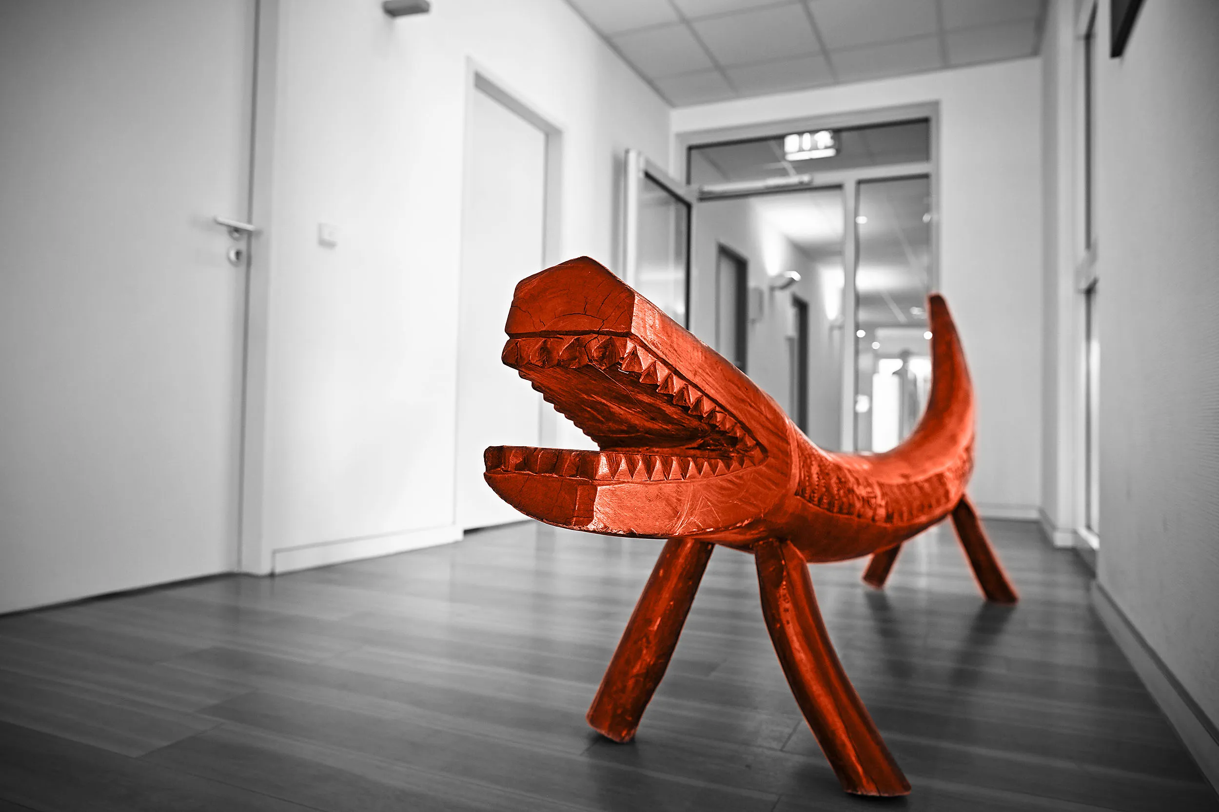 Ritter&Ritter Kieforthopädie Eingang Auf dem Bild ist ein Holztier mit entfernter Ähnlichkeit eines Krokodils zu sehen, dass seine geschnitzten Zähne zeigt